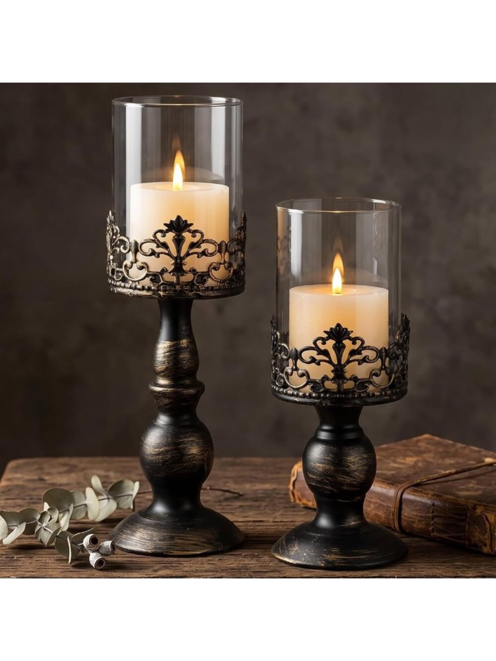 Elegant Black Metal Hurricane Candle Holders | Gothic Pillar Candle Holders